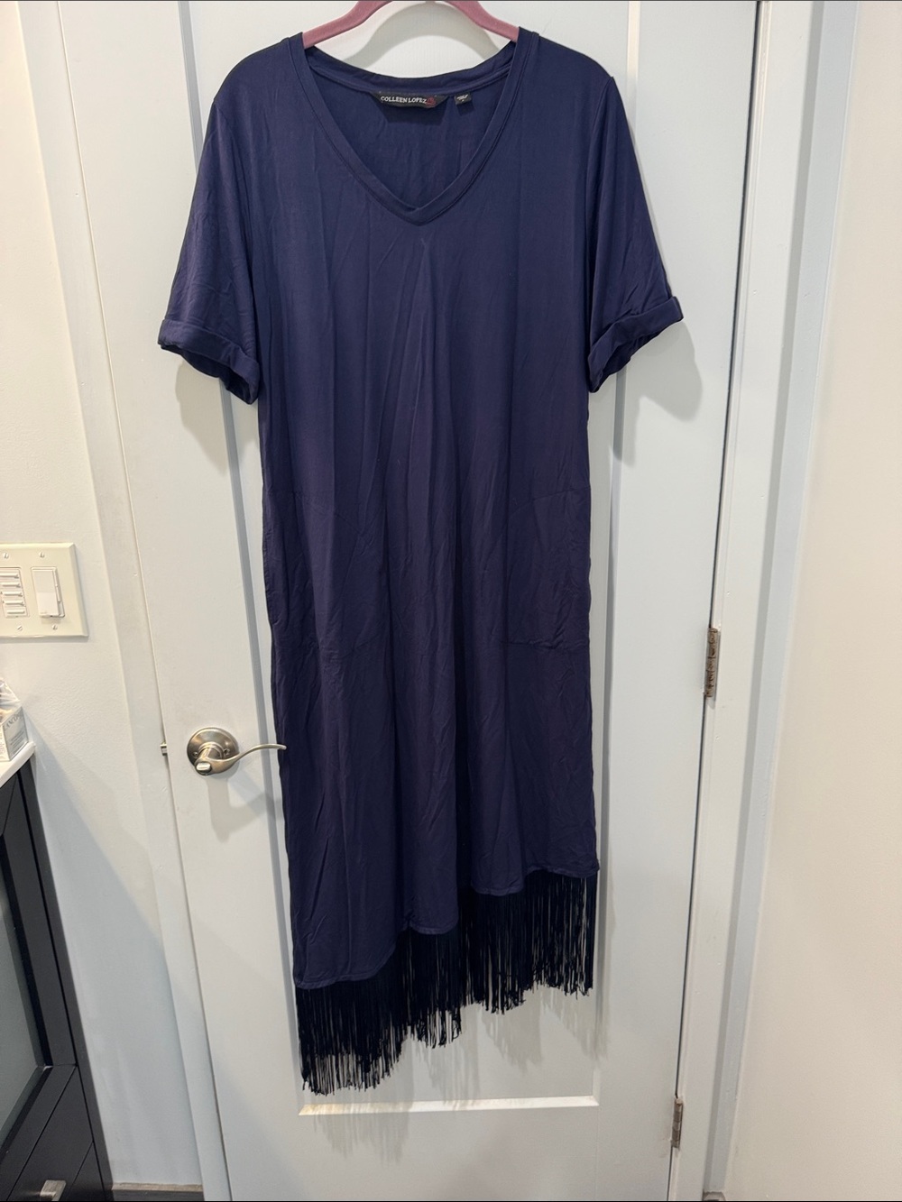 Colleen Lopez Navy Fringe Hem V-Neck Dress